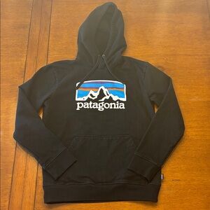 Patagonia Black Hoodie with Vibrant Mountain Logo Small Classic Fit Sweatshirt